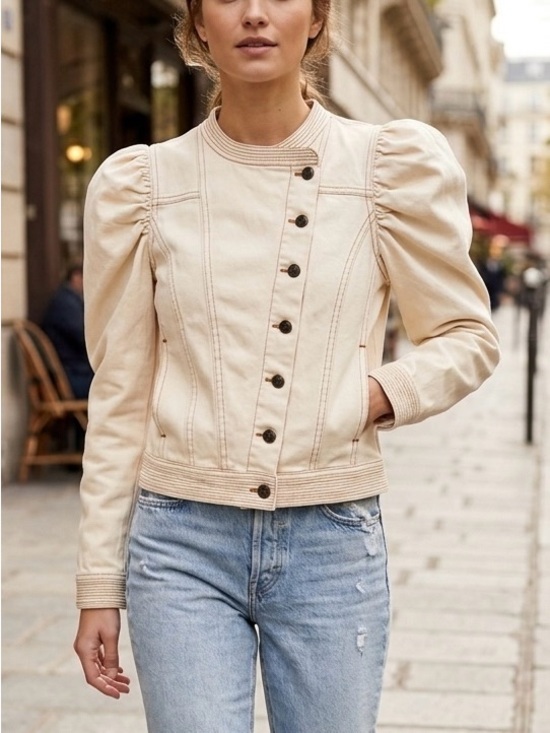 Ulla Johnson Jackets & Blazers - Ulla Johnson Cream Cosette Denim Jacket Puff Sleeve Contrast Stitch Size S